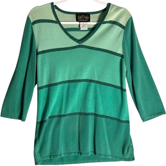 Bob Mackie Wearable Art Sz M Silk Ombre Green 3/4 Sleeve VNeck Top Sparkle Artsy - Picture 1 of 11